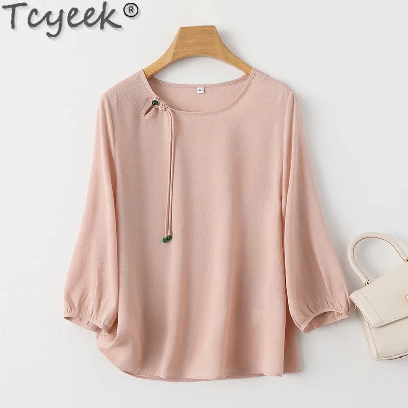 

Tcyeek 92% Mulberry Silk Blouse 2024 Elegant Blouses for Women Summer Clothes Vintage Womens Tops Loose Fit Blusas De Mujer