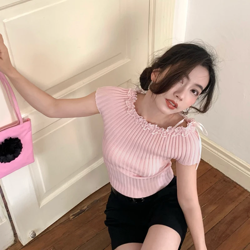 

Women Casual Tops Lace Collar Short Sleeve Sweet Plain Summer Knitted T-shirt