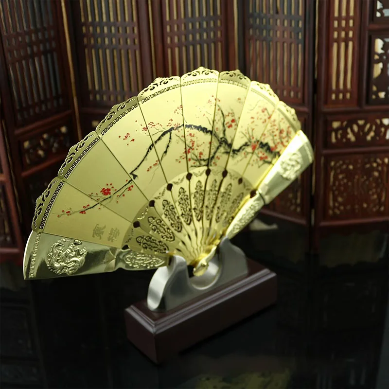 HOT SALE foreign business gift with box plum blossom flower CHINA ART gilding fan copper statue Ornament--Collector Edition