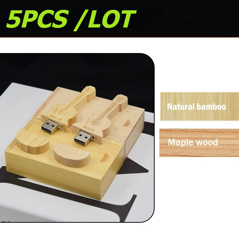 

5PCS/LOT Free Custom logo Pen drive Guitar shaped USB flash drive Wooden box Memory Stick Music Pendrive 4G 16GB 32GB 64GB 128GB