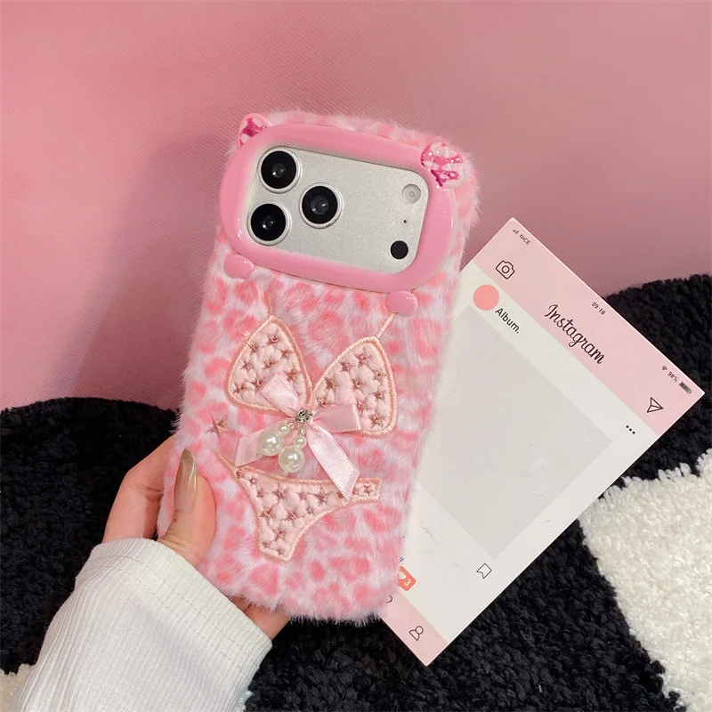 Luxury Leopard Print Bikini Pattern Plush Phone Case For iPhone 17 Air 16 15 14 13 12 11 Pro Max With Lanyard Shockproof Cover view 3