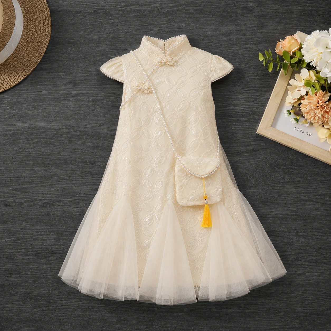 Children Dresses For Girls Lace Tulle Party Dress Pearl Collar Cap Sleeveless Birthday Pageant Formal Dress Girls Gown 6 8 12 Y