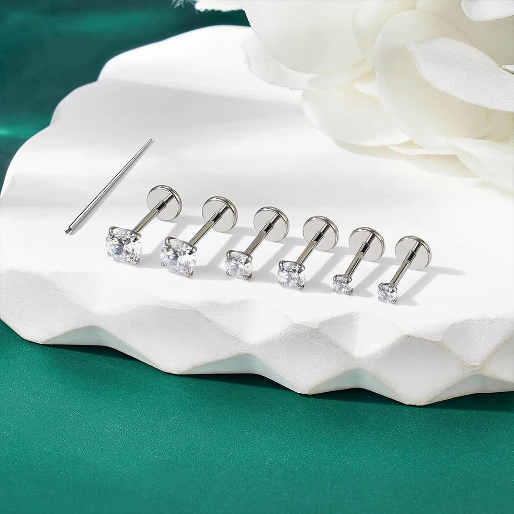 16G Flat Back Stud Earrings Surgical Steel Internal Thread CZ Stud Tragus Cartilage Lip Labret Hypoallergenic Piercing Jewelry