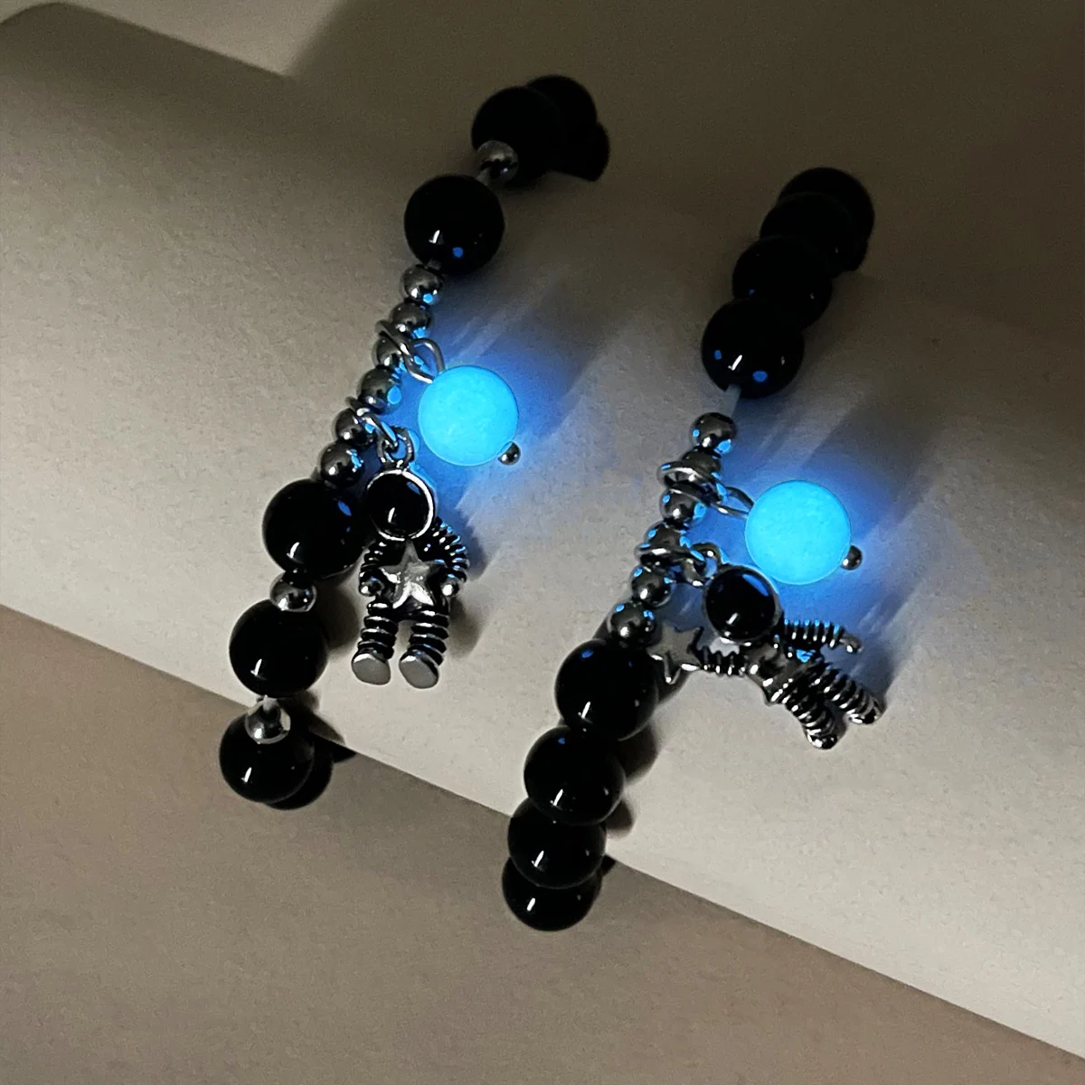 Glowing Black Bead Steel Ball Astronaut Couple Bracelets Luminous Space Man Wristwear for Partners