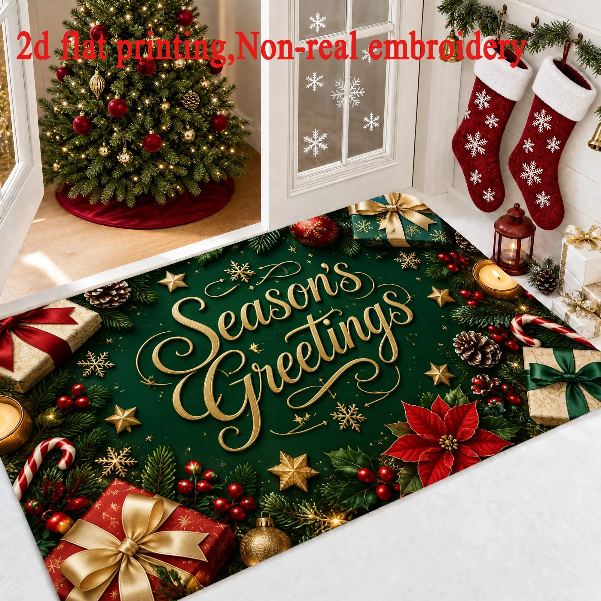 Xmas Cute Highland Cow Area Rug Aurora Sky Scene Print Floor Carpet For Indoor Entryway Christmas Home Ornament