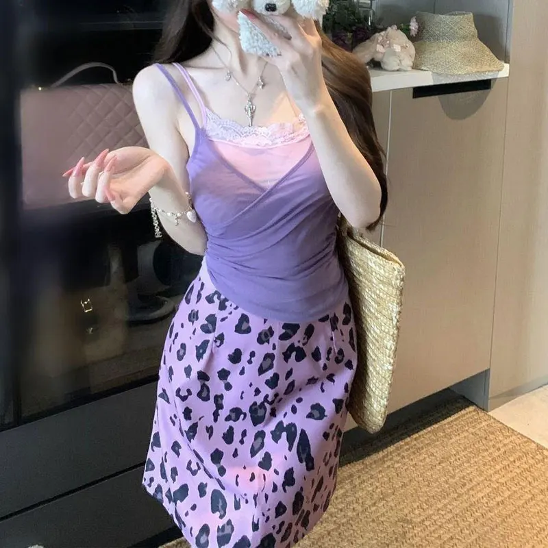 

Elegant Vintage Lace Spliced Chic Matching Sets Women's Clothing Summer Two Piece Set Sexy Aura Leopard A-Line Mini Skirts Sets