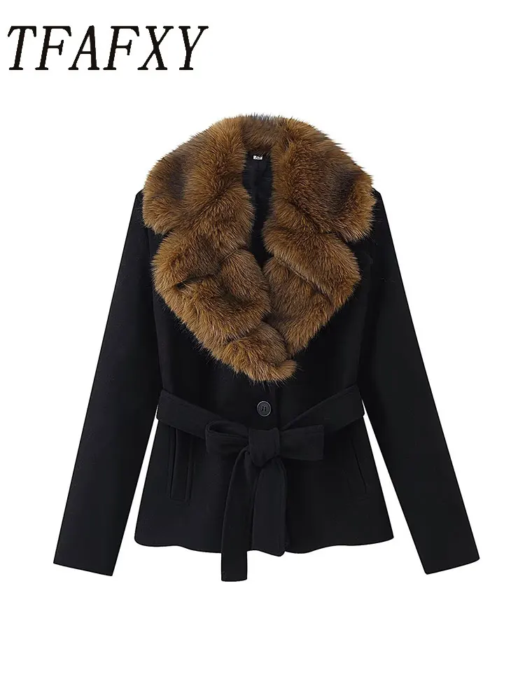 

TFAFXY шикарная женская куртка с меховым воротником, осень-зима 2022, куртка с длинными рукавами и пуговицами на поясе, пальто, женский укороченный топ Y2K