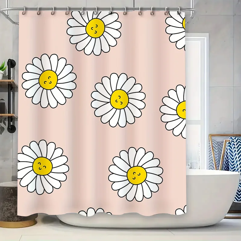 

Charming Floral Printed Shower Curtain Decor with Happy Face Design for Bathroom Decoration White Daisy Flowers Pattern on Pink