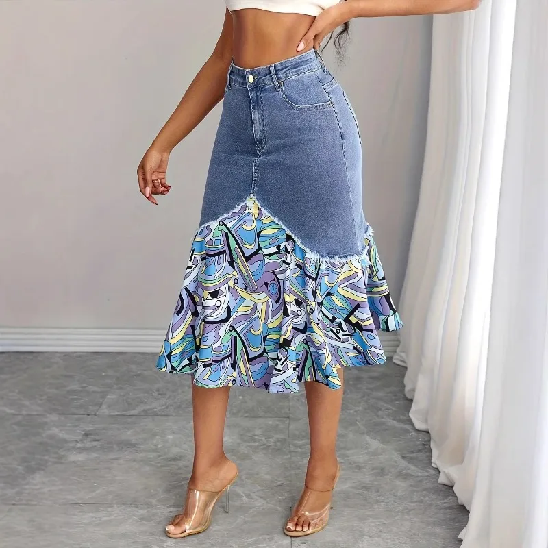 European American Cross-border Denim Print Patchwork Bohemian Mermaid Skirt, Denim Skirt Temperament Commuter Printing, Splicing