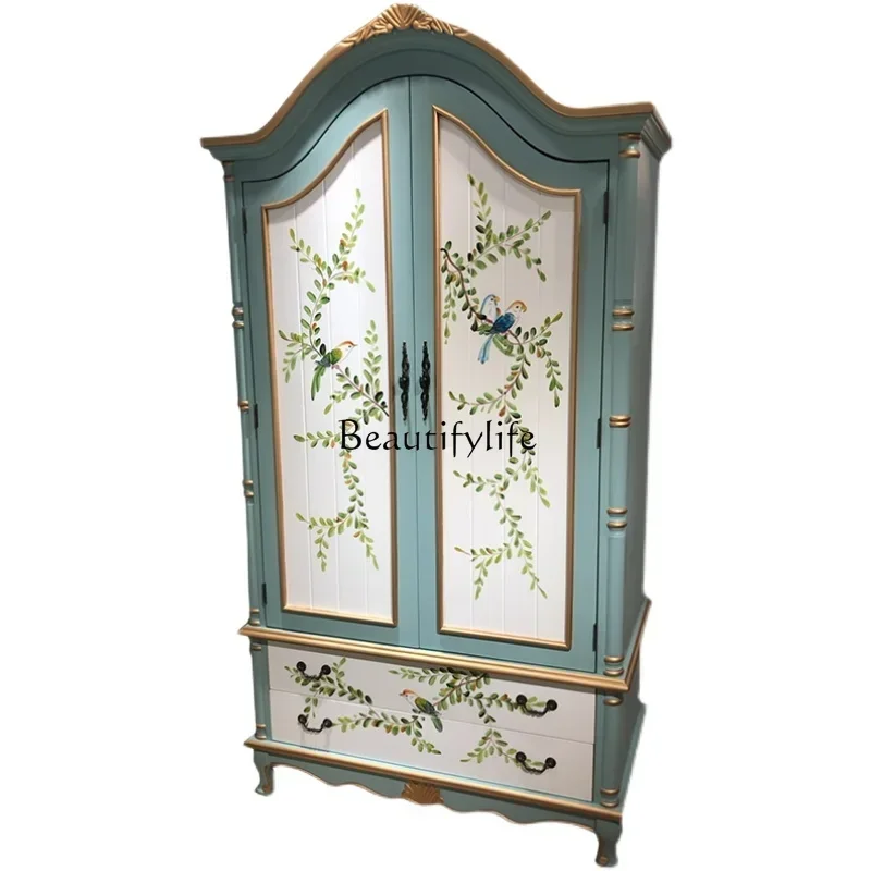 

z.American solid wood wardrobe two-door storage cabinet small apartment retro homestay arch painting