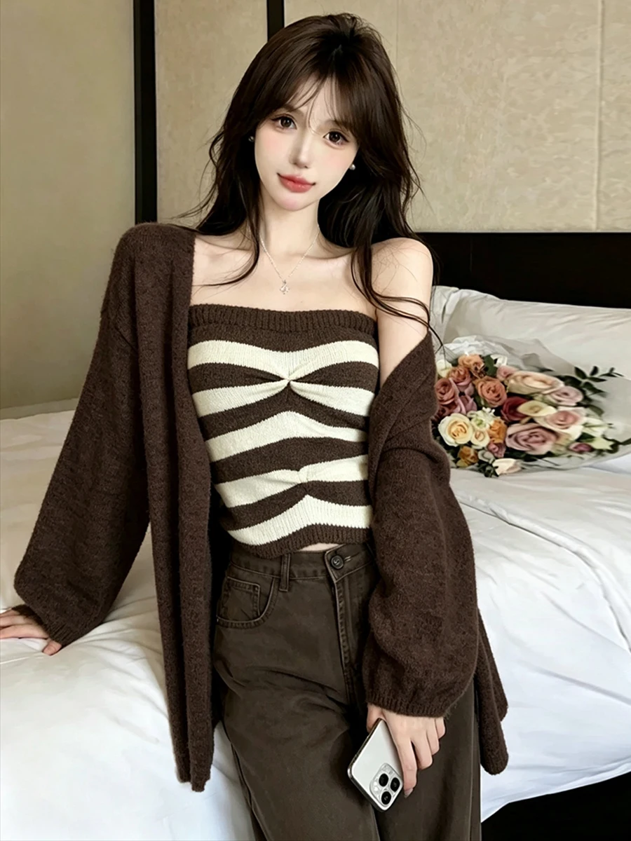 Sexy Slim Fit Striped One Shoulder Knitted Vest And Sweater Set Contrast Color Maternity Clothes Comfortable Breathable Autum...