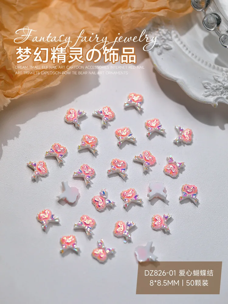 Kawaii Nail Charms Bulk, Urso bonito Fantasia Bow Flower, Acessórios para unhas dos desenhos animados, Resina Brilhante Decoração Strass, DIY, 50Pcs