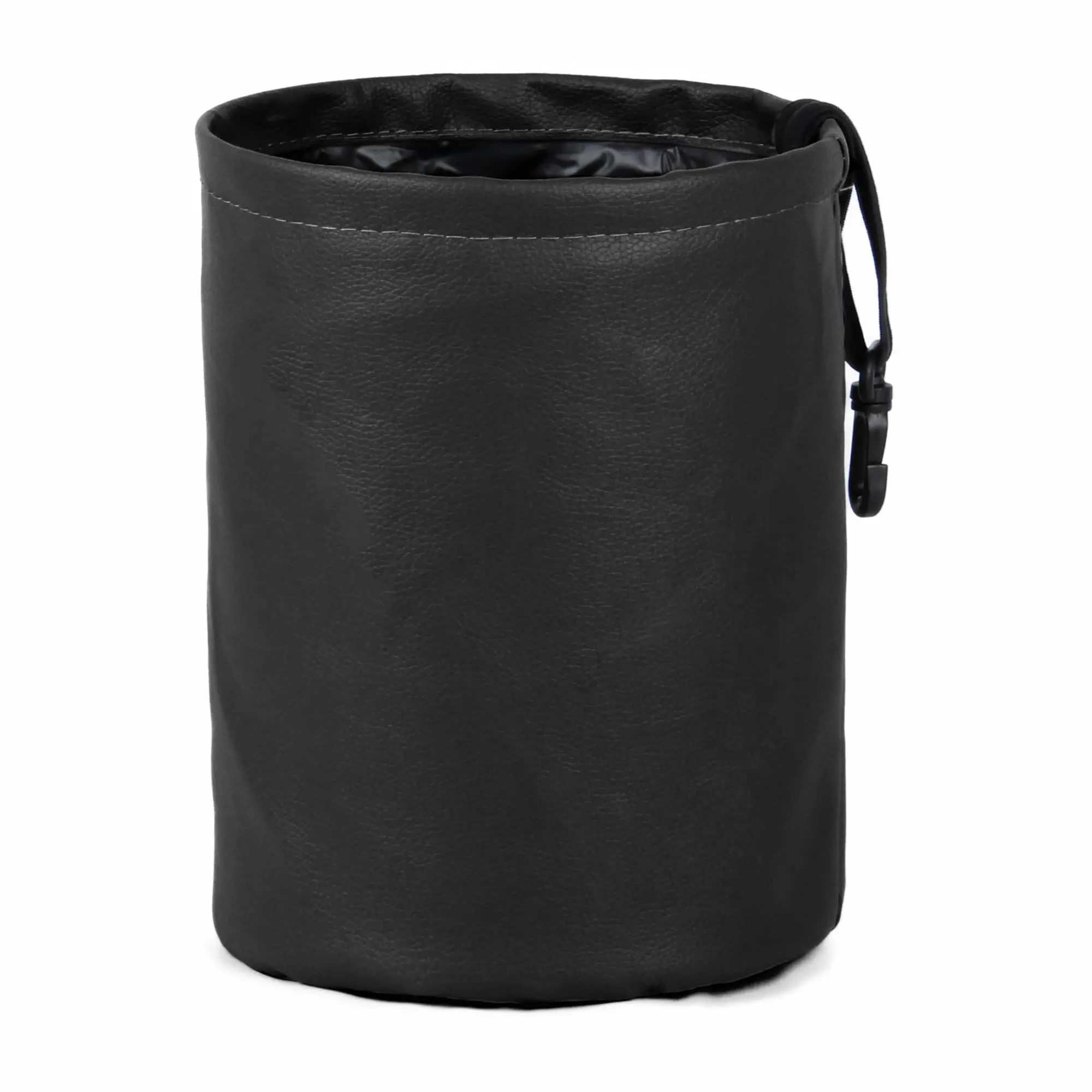 

Black PU Leather Foldable Car Trash Bin With Hanging Clip And Waterproof Lining