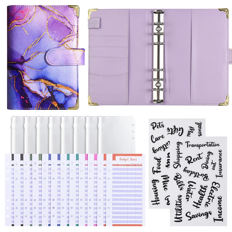 A6 Marble Colorful Money Budget Planner Binder Zipper EnvelopesCash Envelopes For Budgeting Money Organizer For Budget Binde