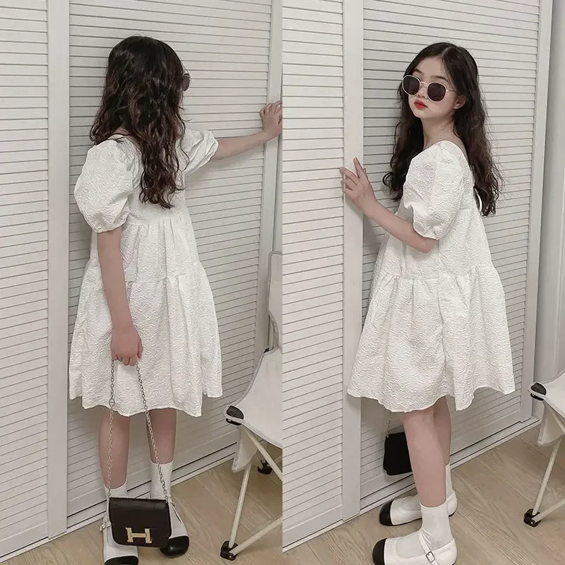 2024 summer princess white dress boat neckline short sleeve backless loose kids children toddler teen 5 6 8 9 10 11 12 years