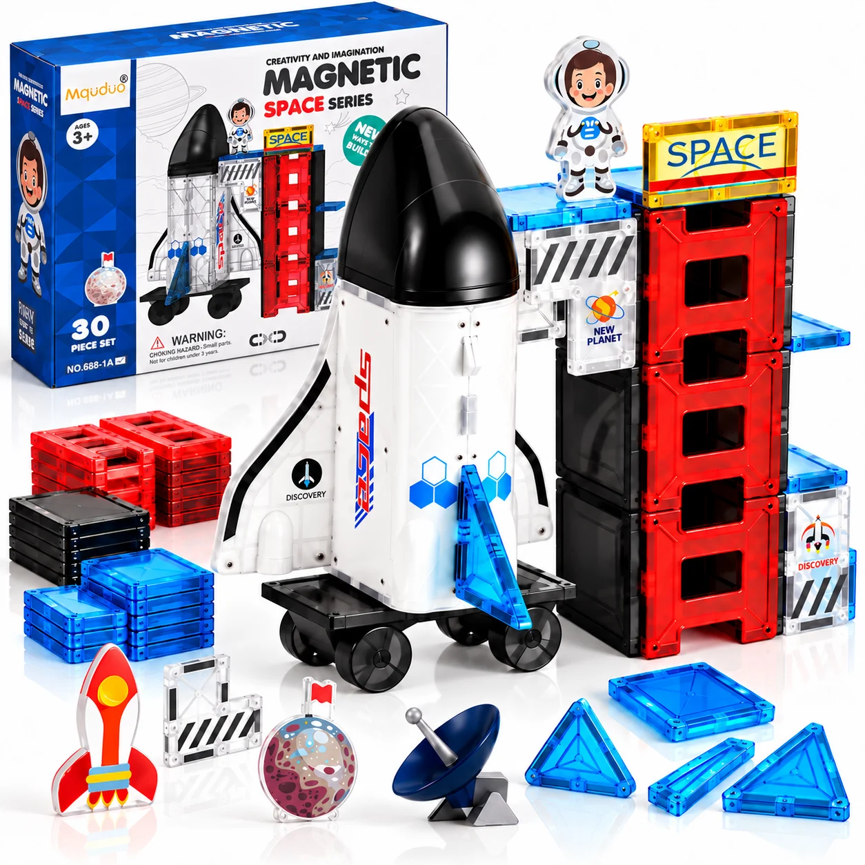 MQUDUO Space Magnetic Tiles 30PCS, Buildable Rocket Shuttle Launch Base and Storage Case Construction Set with Astronaut