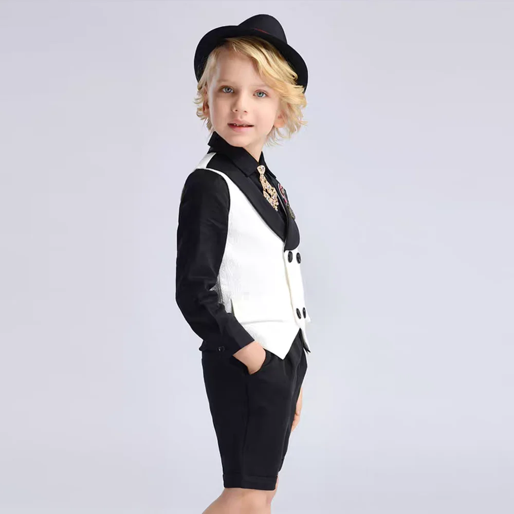 Boys Vest Dress Suit Black White Wedding Birthday Party Performance Photography Costume Kids Waistcoat Shorts Bowtie Outfit