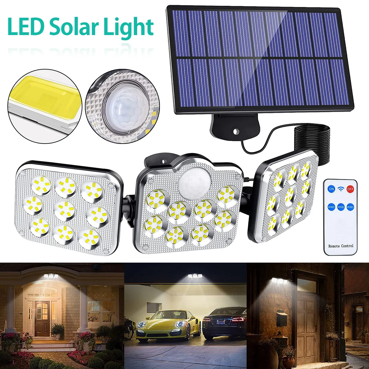 138 LED Solar Lights Outdoor Lighting 3 Head Solar Street Lights 360° Wide Angle Illumination Motion Sensor Flood Light Sunlight