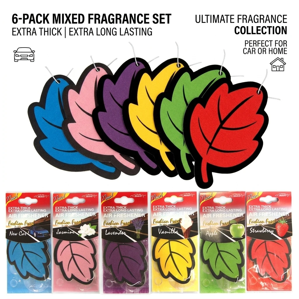 6 Ambientadores de Papel Colgantes para Coche, Fragancia Natural - Aromas de Manzana, Madera, Té Verde y Fresa