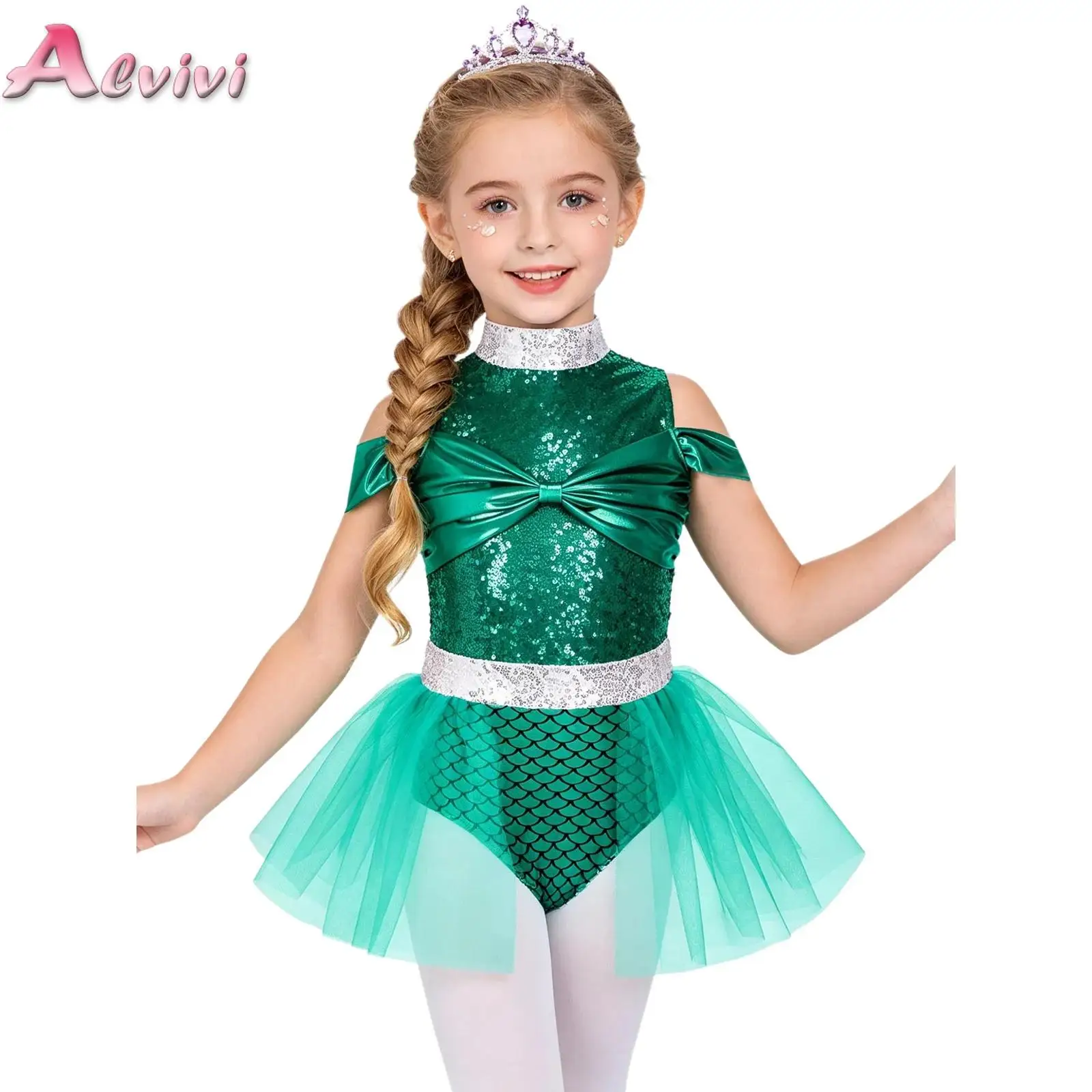 Girls Mermaid Dance Leotard Tutu Dress Metallic Fish Scale Gymnastic Ballet Jumpsuit Sequin Princess Carnival Halloween Dress Up