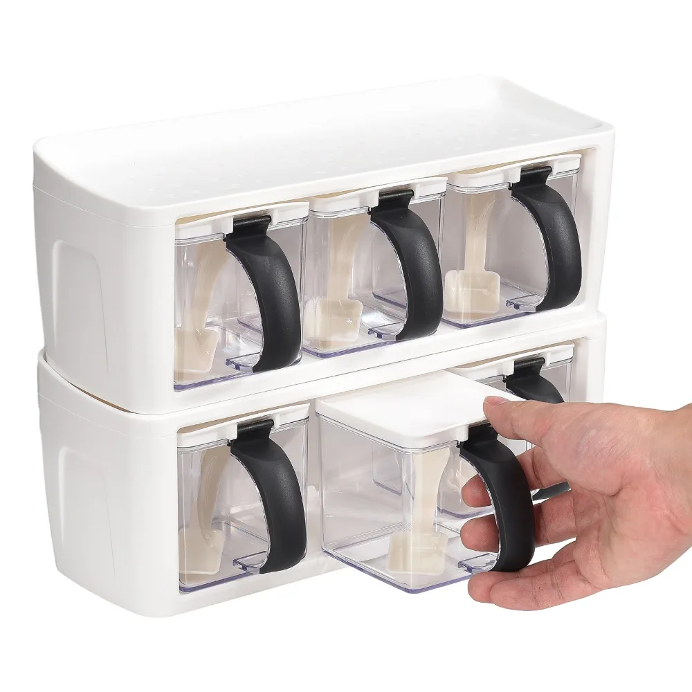 2pcs Modern PP+PS Seasoning Organizer Box 3 Grids With Lid And Spoon Seasoning Container Set Spice Container Cans For Kitchen