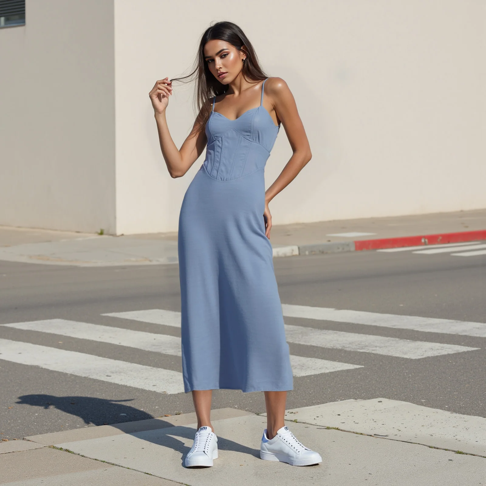 Vestido longo jeans feminino sem mangas alça espaguete smocked nas costas vestido jeans vestido de férias
