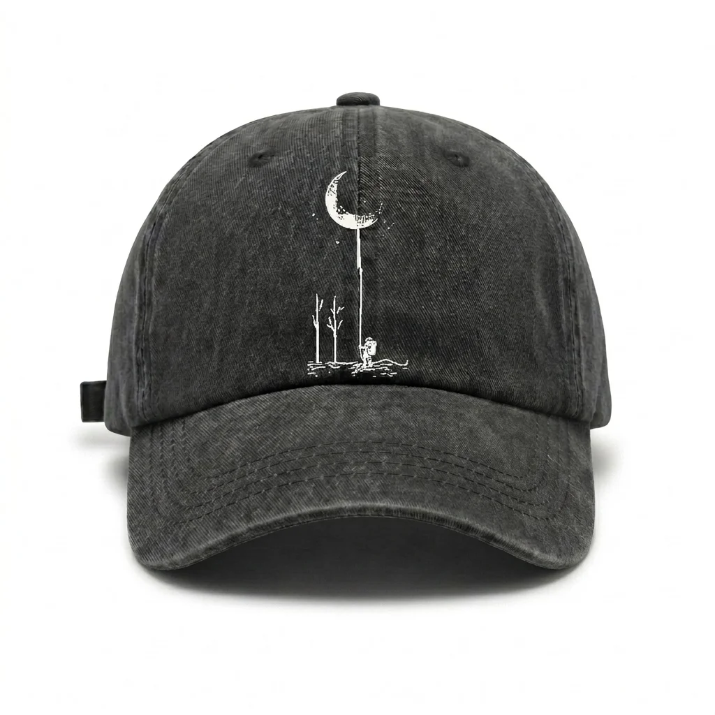 Crescent Moon and Hanging Flower Graphic Vintage Washed Baseball Cap, Adjustable Unisex Dad Hat for Men and Women