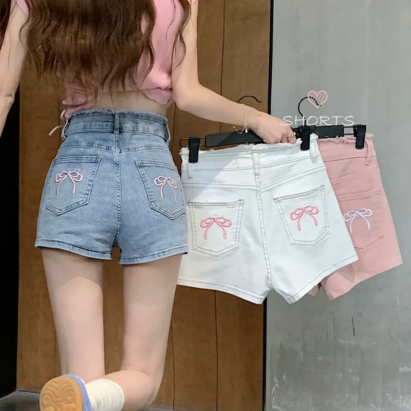 Women's Bow Embroidered Cowboy Shorts Y2K Korean Edition Harajuku High Street High Waist Aesthetic Retro Jeans Shorts Clothing