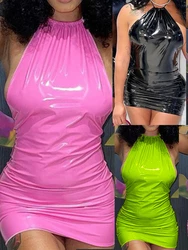 Sexy Shiny Candy Color Imitation PU Leather Slim Bodycon Dress Women Sleeveless Wrap Chest Skinny Dress Club Party Vestidos