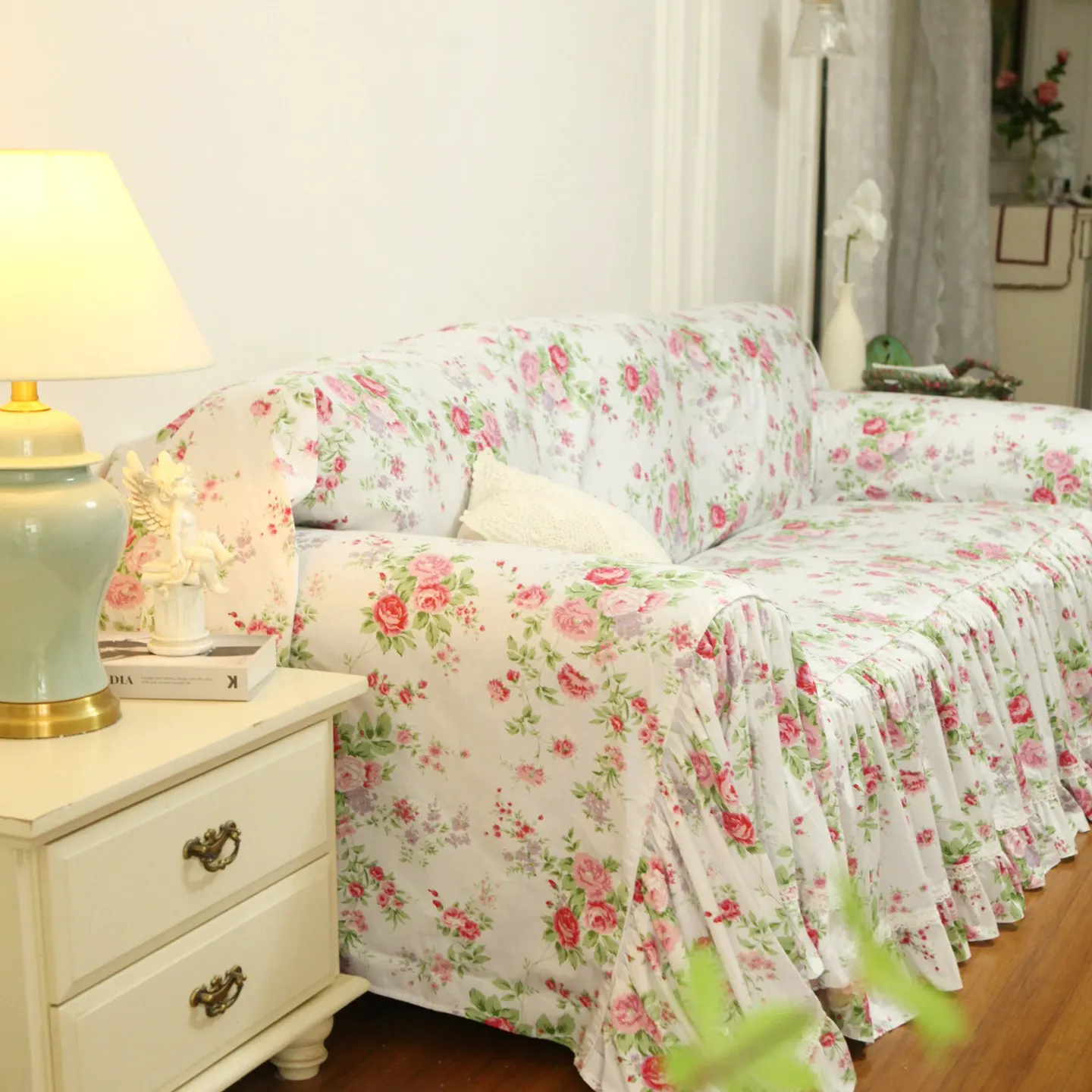 French Korean Princess Pastoral Pink Rose Garden Lace Pure Cotton Sofa Towel 2 and 3 Seater Sofa Cover Whole Cover Large Size