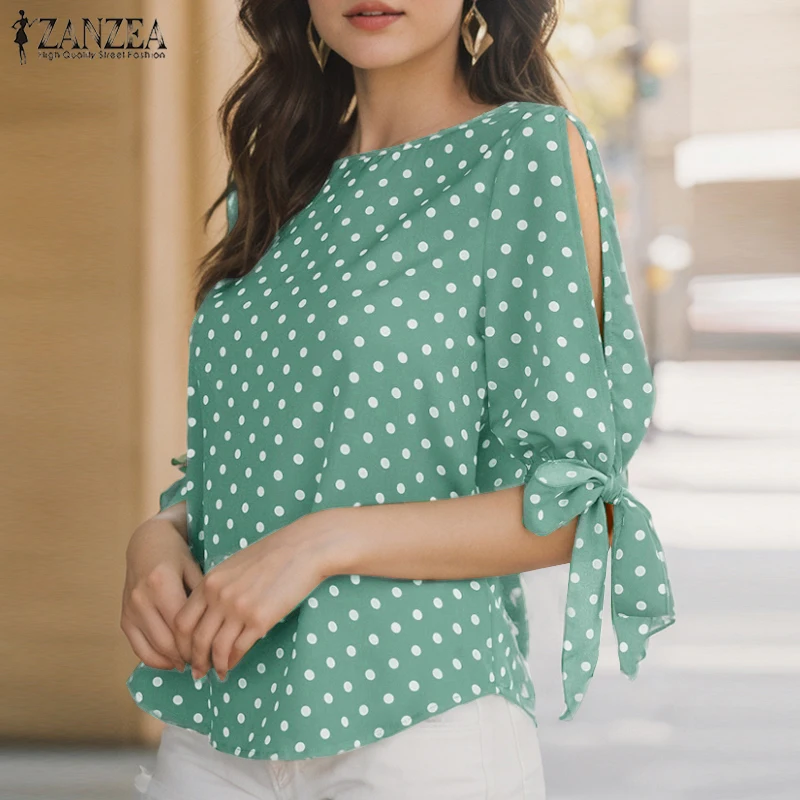 ZANZEA Damenmode Polka Dot Blusen O-Ausschnitt Gebundene Schlitzmanschetten Halbarm Elegante Tops Sommer Casual Alltagskleidung Blusas Mujer – Detail 10