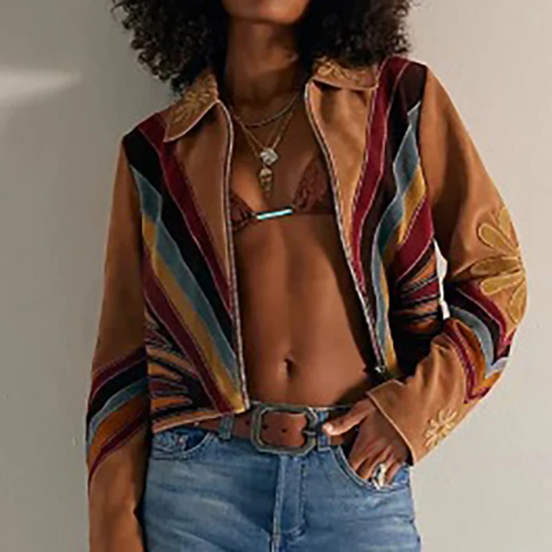 

Elegant Lapel Collar Street Short Jacket Women's Casual Long Sleeve Loose Shirt Tops 2025 Fashion Patterned Print Zipper Coats
