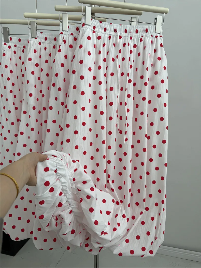 Harajuku Vintage White Red Polka Dot Midi Skirt Elastic Waist Casual Summer Bud A-line Flowy Skirt Countryside Garden Outfits