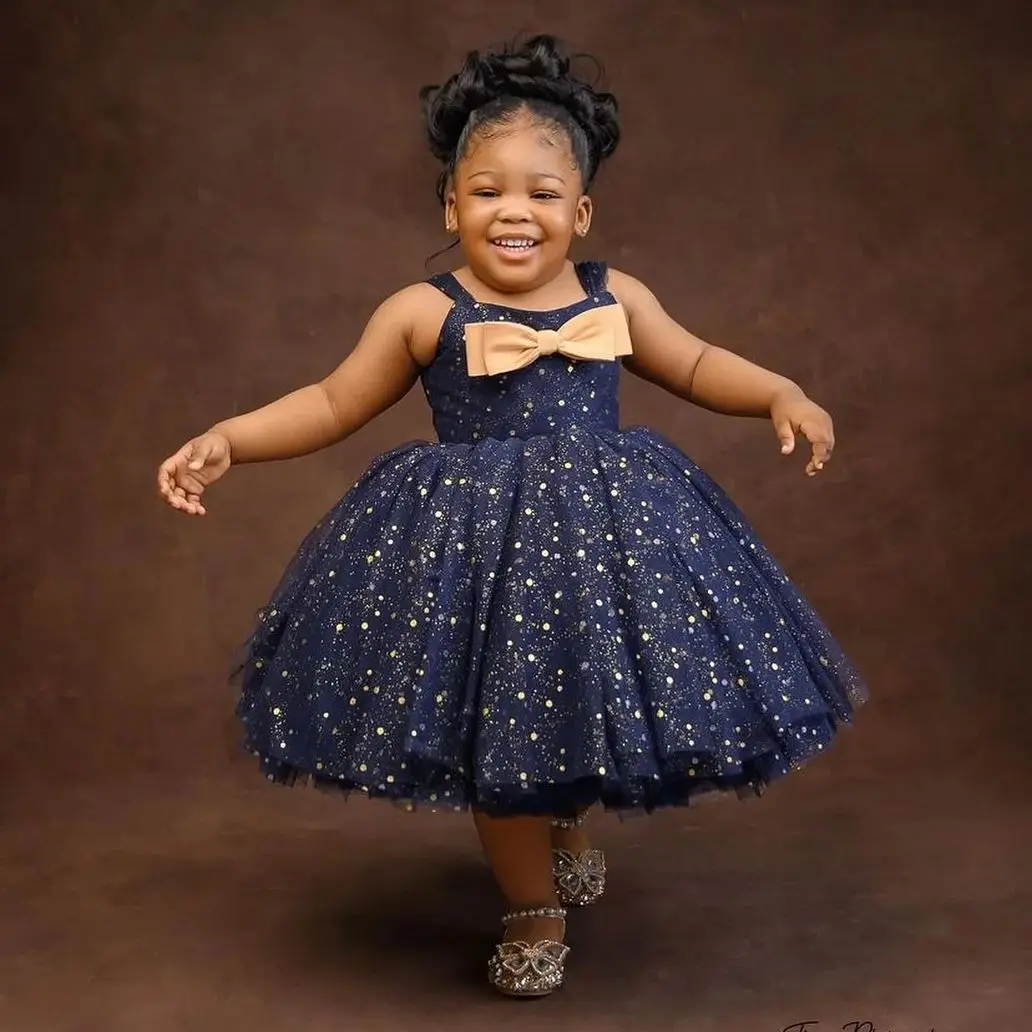 Navy Blue Flower Girl Dress For Wedding With Bow Sequins Knee Length Girl Kids Birthday Party Princess First Holy Communion Gown