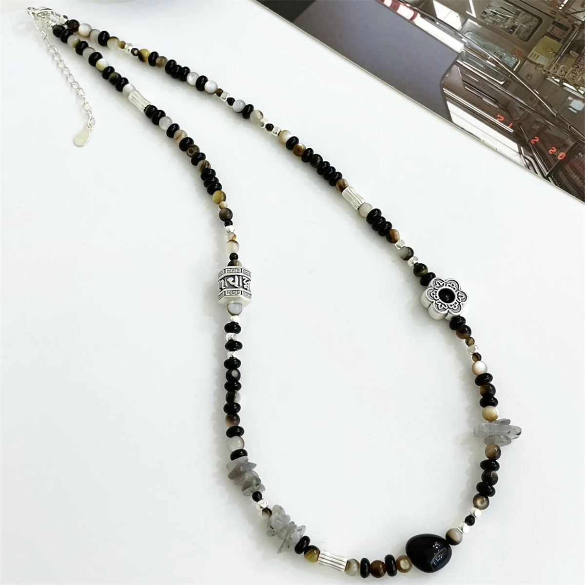 natural black fritillaria collocation pull long stone and black agate natural stone beaded six character proverbs necklace