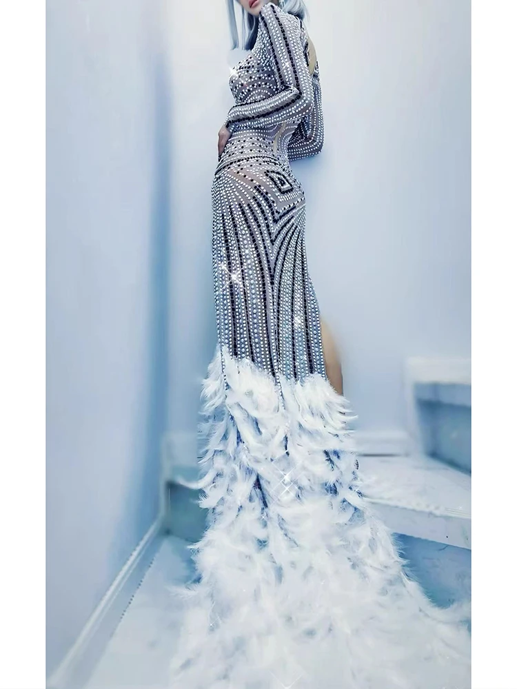 High Quality Rhinestone Feather Splicing Sexy Elastic Dress 2025 New Fashion Custom Women'S Clothing
