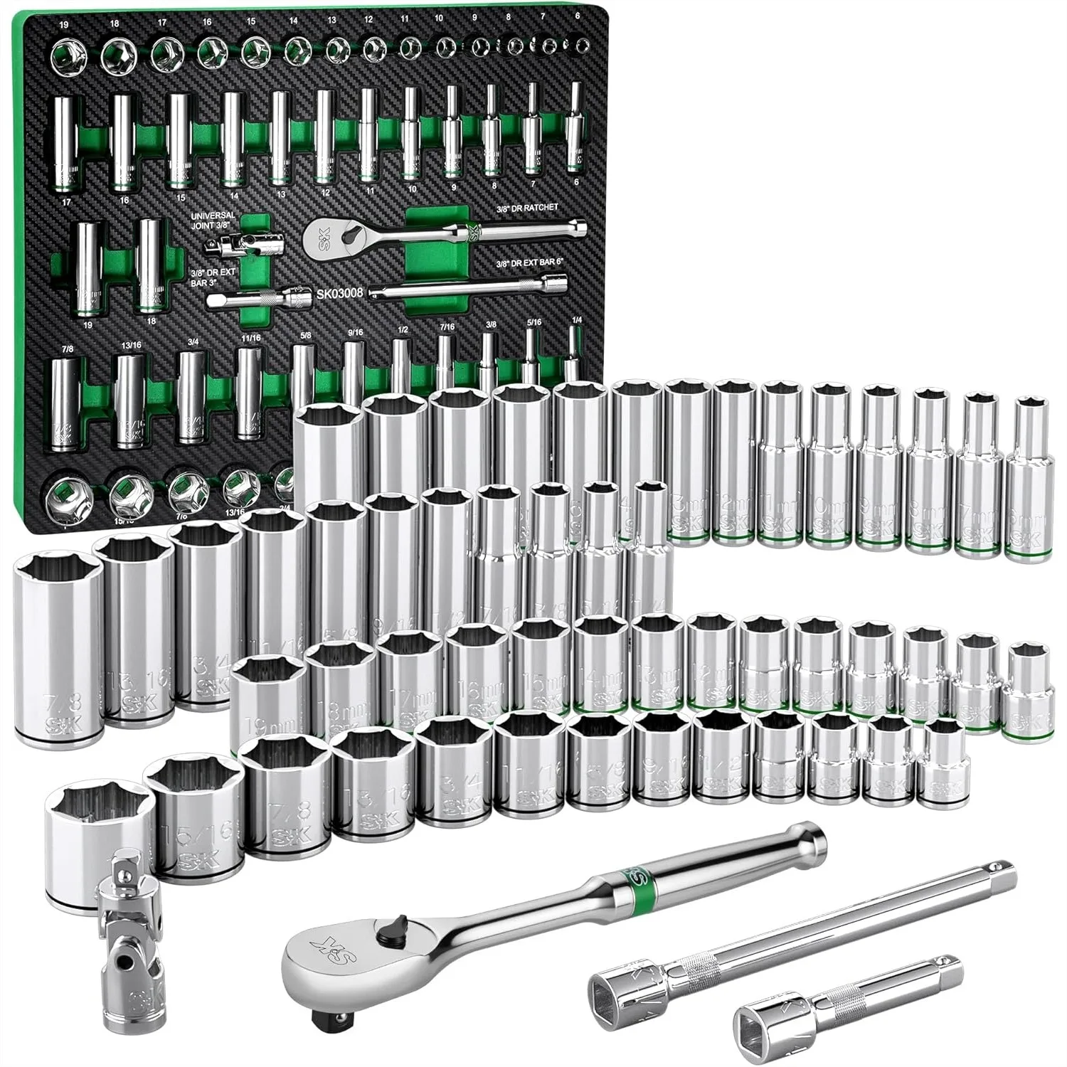 

SK 3/8" Drive Socket Set, 56-Piece, SAE & Metric, Premium CR-V, with EVA Foam Organizer