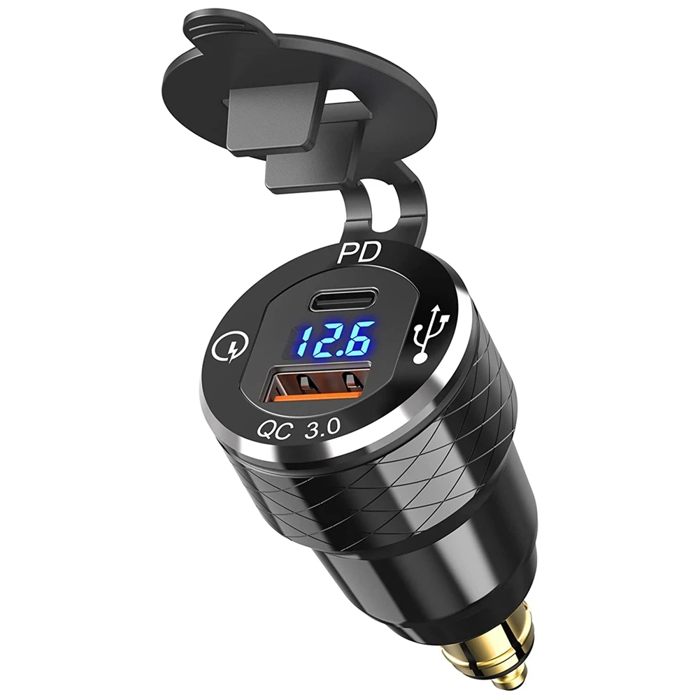 A56P-PD 3.0 Type C USB Fast Din To USB And 18W QC 3.0 Power Outlet With Voltmeter For 12V-24V Ducati BMW Motorcycle