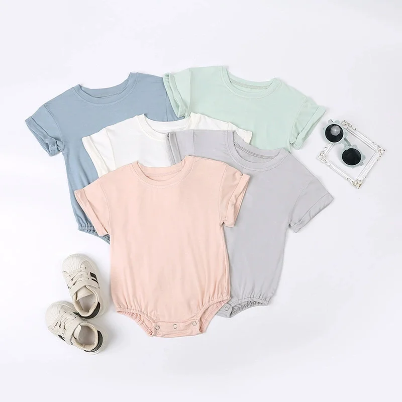 Newborn Baby Boy Girl Basic Solid Short Sleeve Romper Bamboo Fiber Button Bodysuit Summer Outfit Clothes for 3-24M Infant Onesie