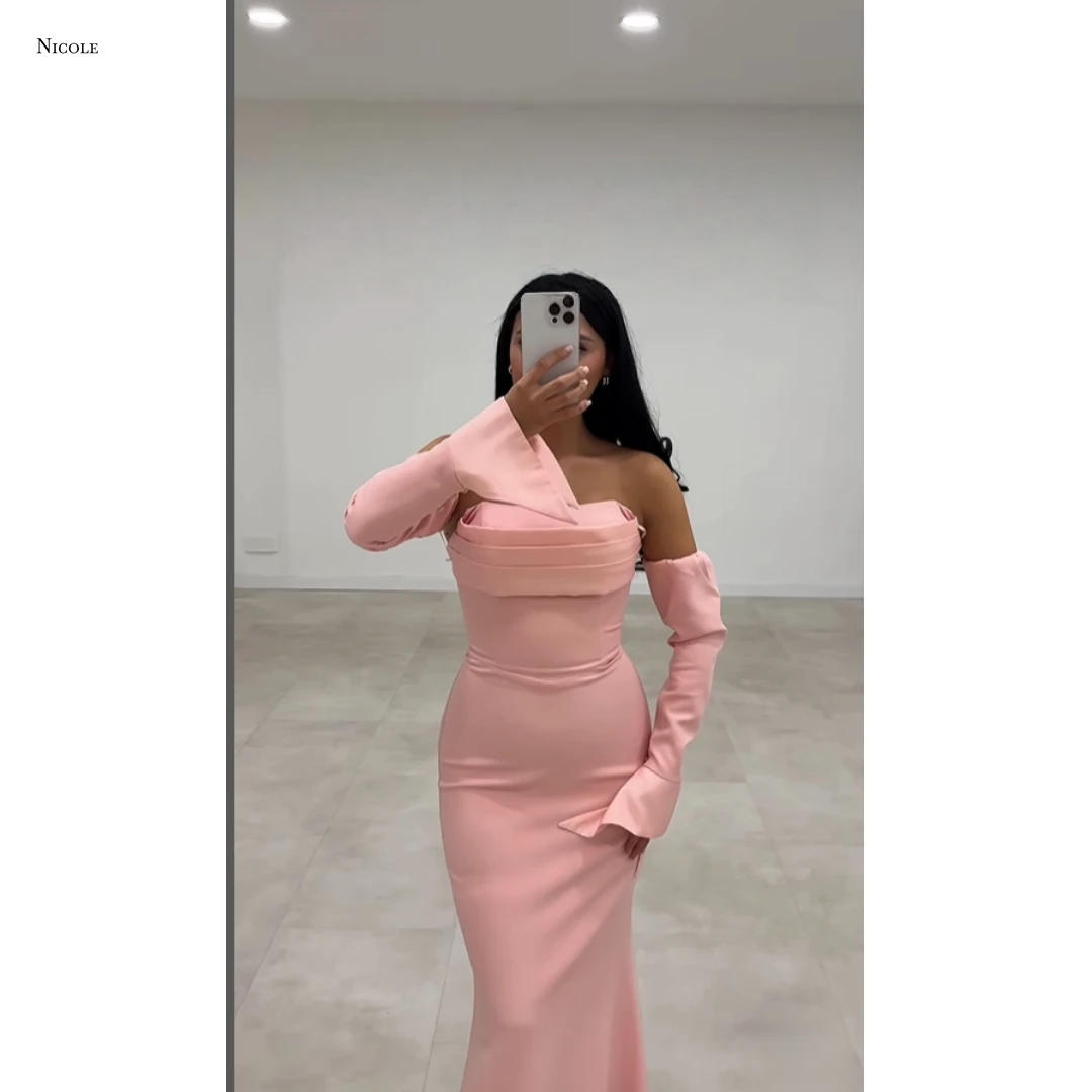 

Nicole Fishtail Skirt Robes De Cocktail Dresses Prom Gown Custom Made Back-length Single-shoulder Sleeve Evening Dress Party