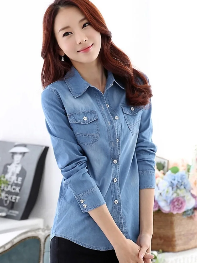 Casual Blue Denim Shirts Women Basic Single-Breasted Vintage Fashion Turn Doen Collar Long Sleeve Tops New Summer 2023