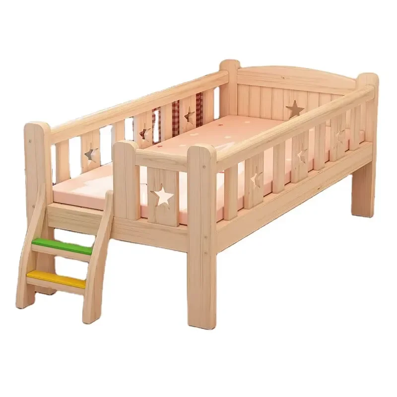 Adjustable Solid Wood Children Bed with Guardrail Expandable Stylish Kids Furniture Splicing Design for Growing Child
