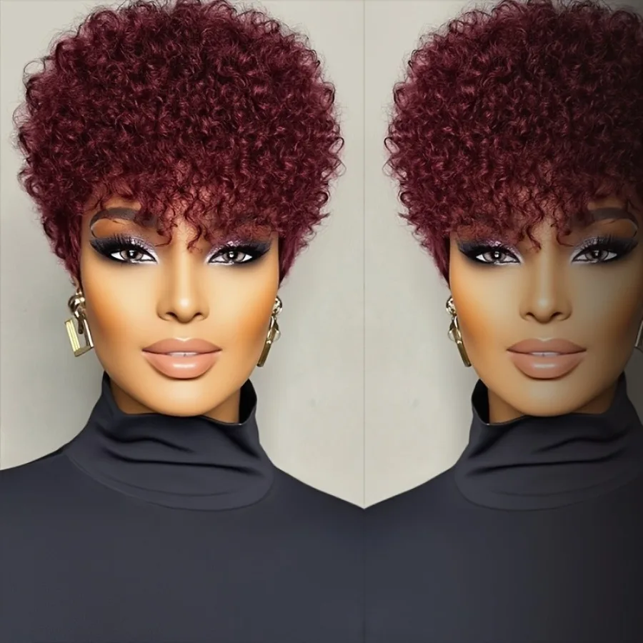 Women'S Brazilian Remy Human Hair Wig -full machine made Natural Look Short Kinky Curly Afro Texture, Voluminous Curly Hair,