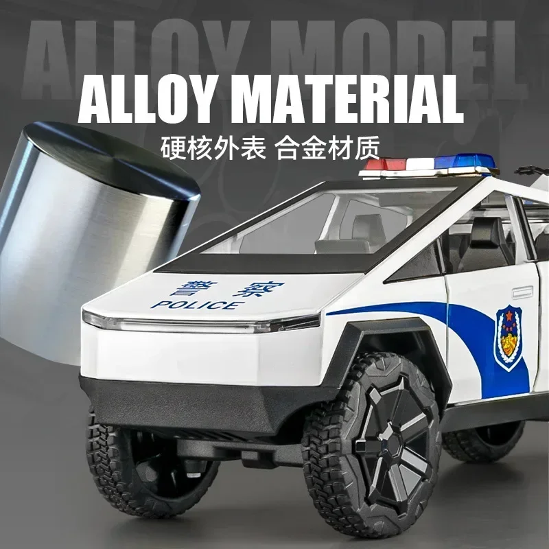 Coche de policía Tesla pickup 1:24, modelo de aleación de Metal fundido a presión de alta simulación, luz de sonido, colección extraíble, regalos de juguetes para niños