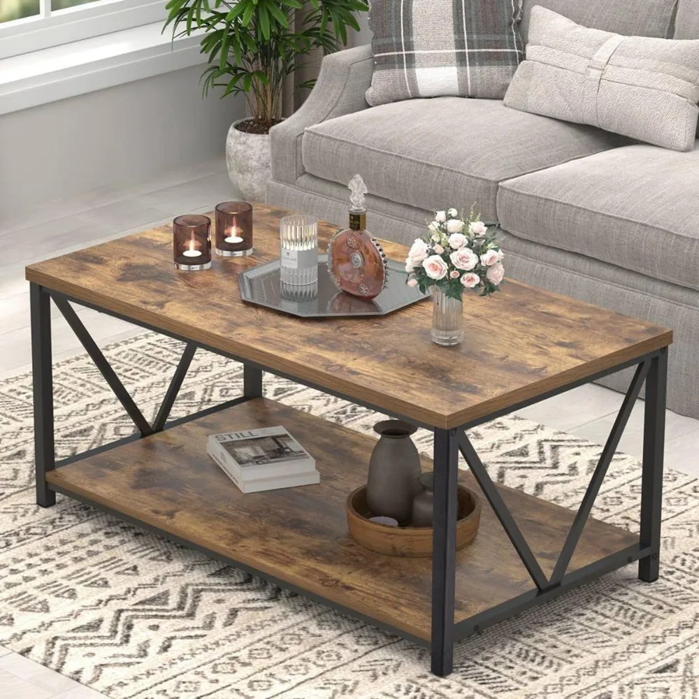 Modern Coffee Table, Industrial Metal and premium materials Wood Living Room Table with Storage Shelf, hassle-free assembly