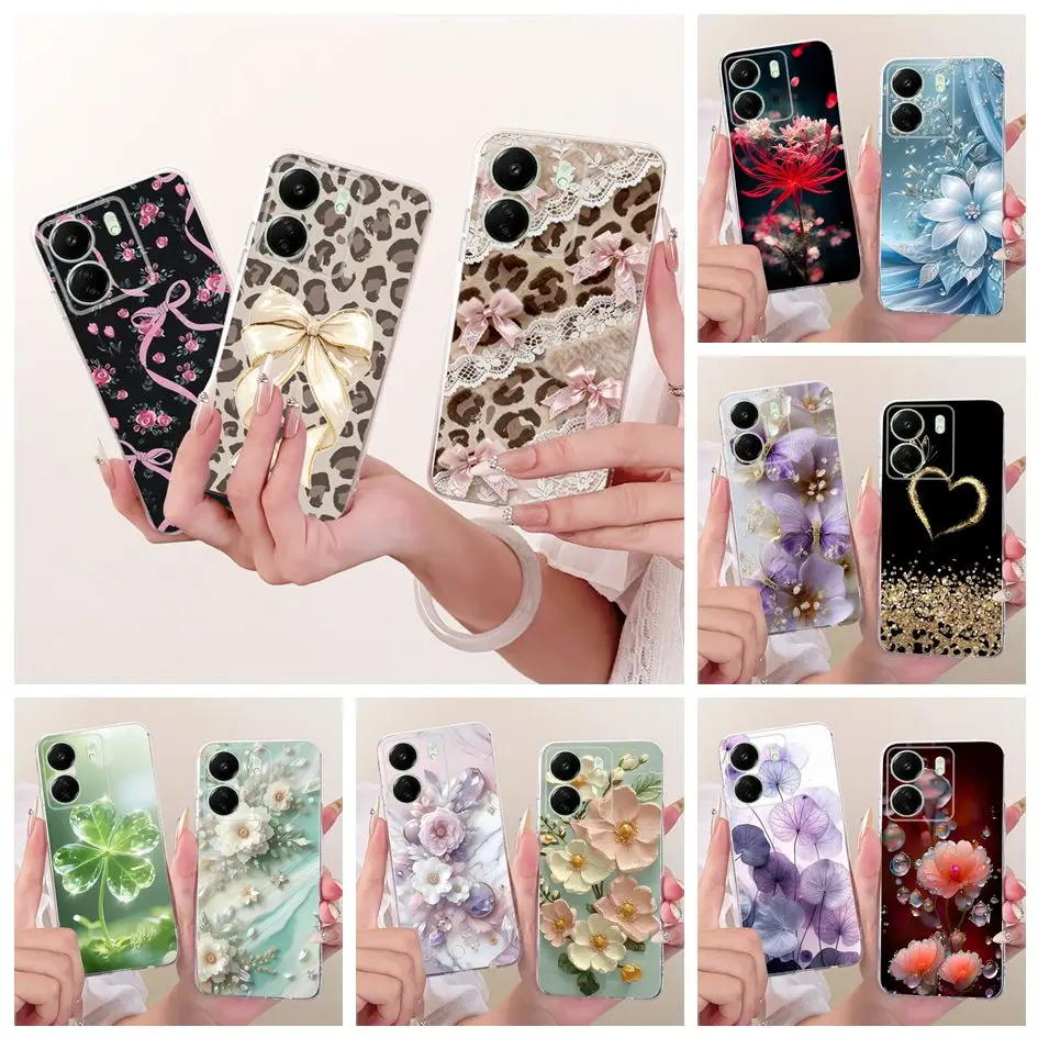 Für Xiaomi Redmi 13C 4G Hülle Beliebte Blumen Schleifenknoten Stoßfänger Weiche Transparente Silikon-Handyhülle Für Poco C65 Redmi13C Schutzhülle