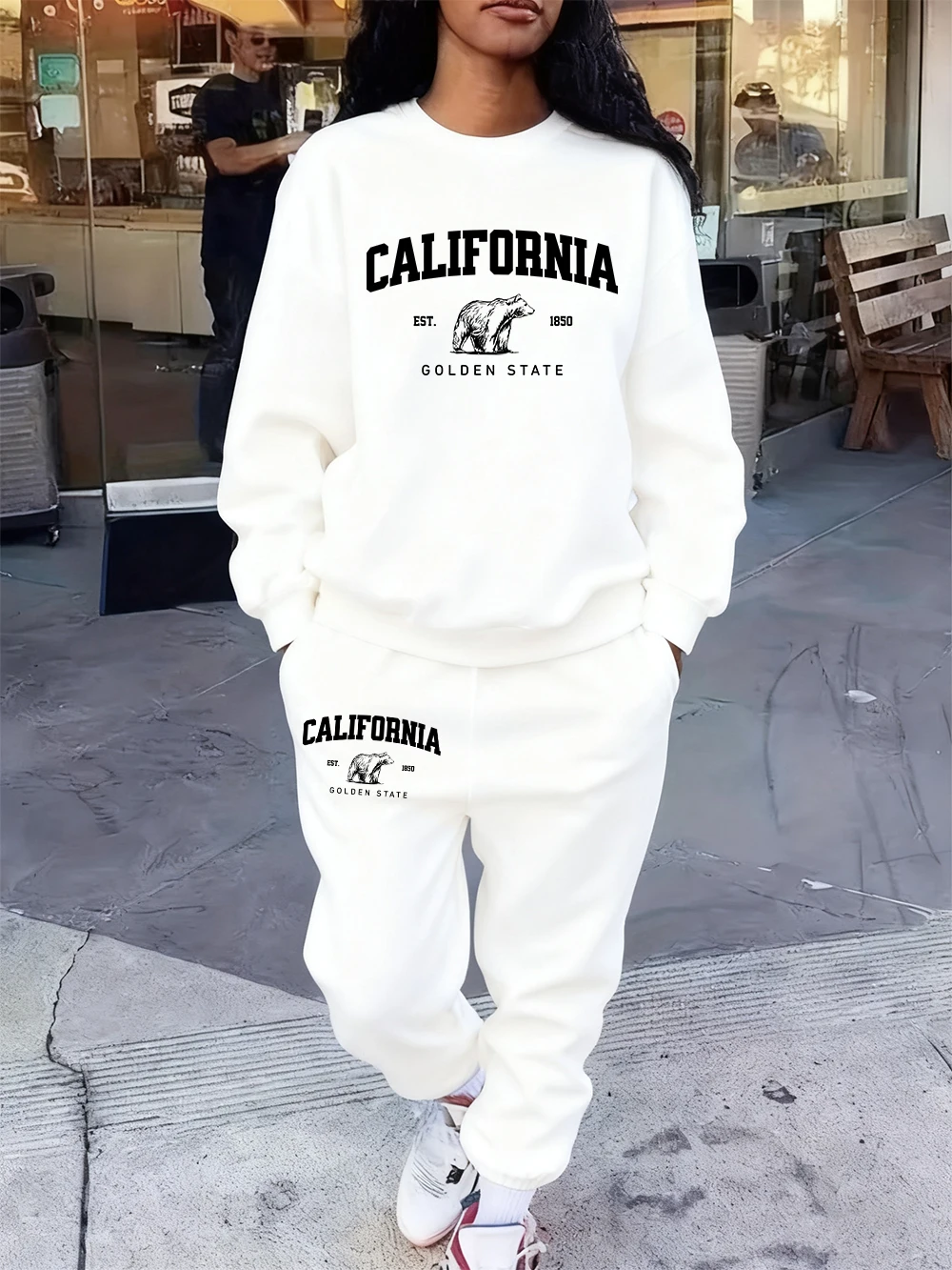 2 قطعة مجموعة هوديي النساء كاليفورنيا الدب 1850 يطبع Sweatpants الخريف جيب فضفاض البلوز سراويل للجري ملابس الصوف غير رسمية