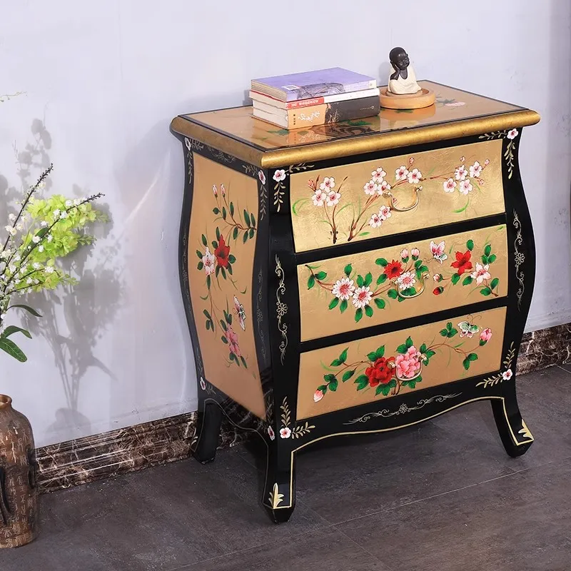 Elegant European Style Small Storage Chest American Gold Leaf Bedside Cabinet Floral Pattern Traditional Drawers for Bedroom