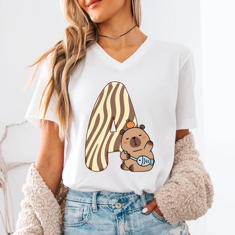 Capybara 26 Alphabet Women's V-neck T-shirts Fun Capybara Letter A-Z Print T-Shirt Cartoon Animal Short Sleeve Fashion Y2K Tops