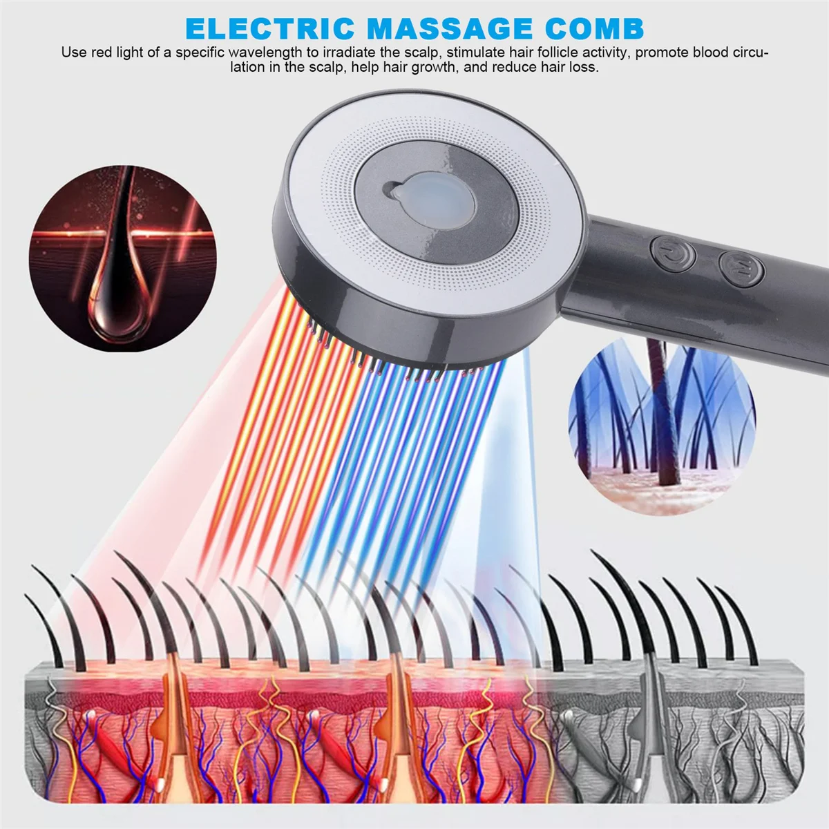 مشط تدليك كهربائي بثلاثة أوضاع، مشط علاج بالأشعة تحت الحمراء، بصيلات الشعر على الرؤوس، أداة توزيع الزيوت العطرية، رمادي